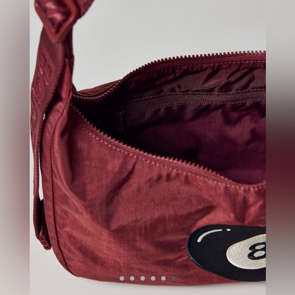 NWT BAGGU Lucky 8 Embroidered 8 Ball Medium Nylon Crescent Bag Wine Mahogany - Picture 5 of 16